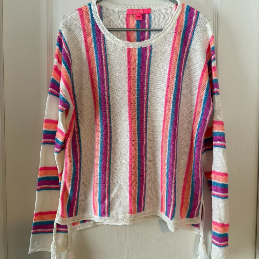 Lilly Pulitzer Cotton Knit Vertical Stripe Sweater Tassel Accents Size L EUC!